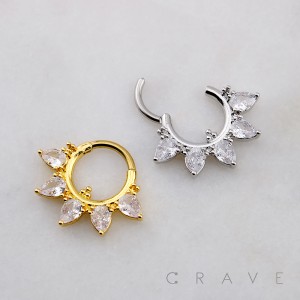 MARQUISE AND TEARDROP CZ SEPTUM HINGED SEGMENT HOOP RING 316L SURGICAL STEEL 